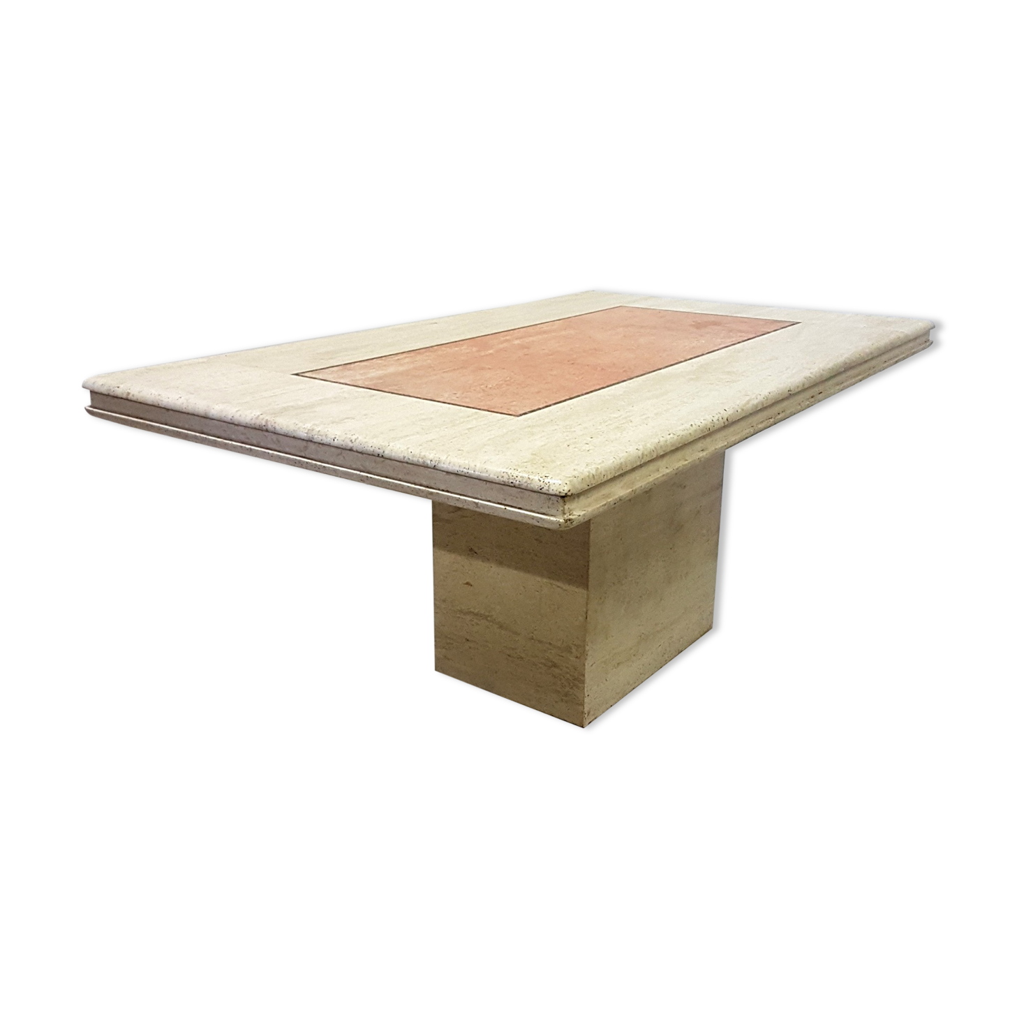 Hollywood regency travertine and pink marble dining table, Italy 1970s