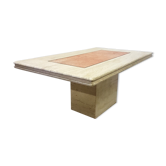 Hollywood regency travertine and pink marble dining table, Italy 1970s