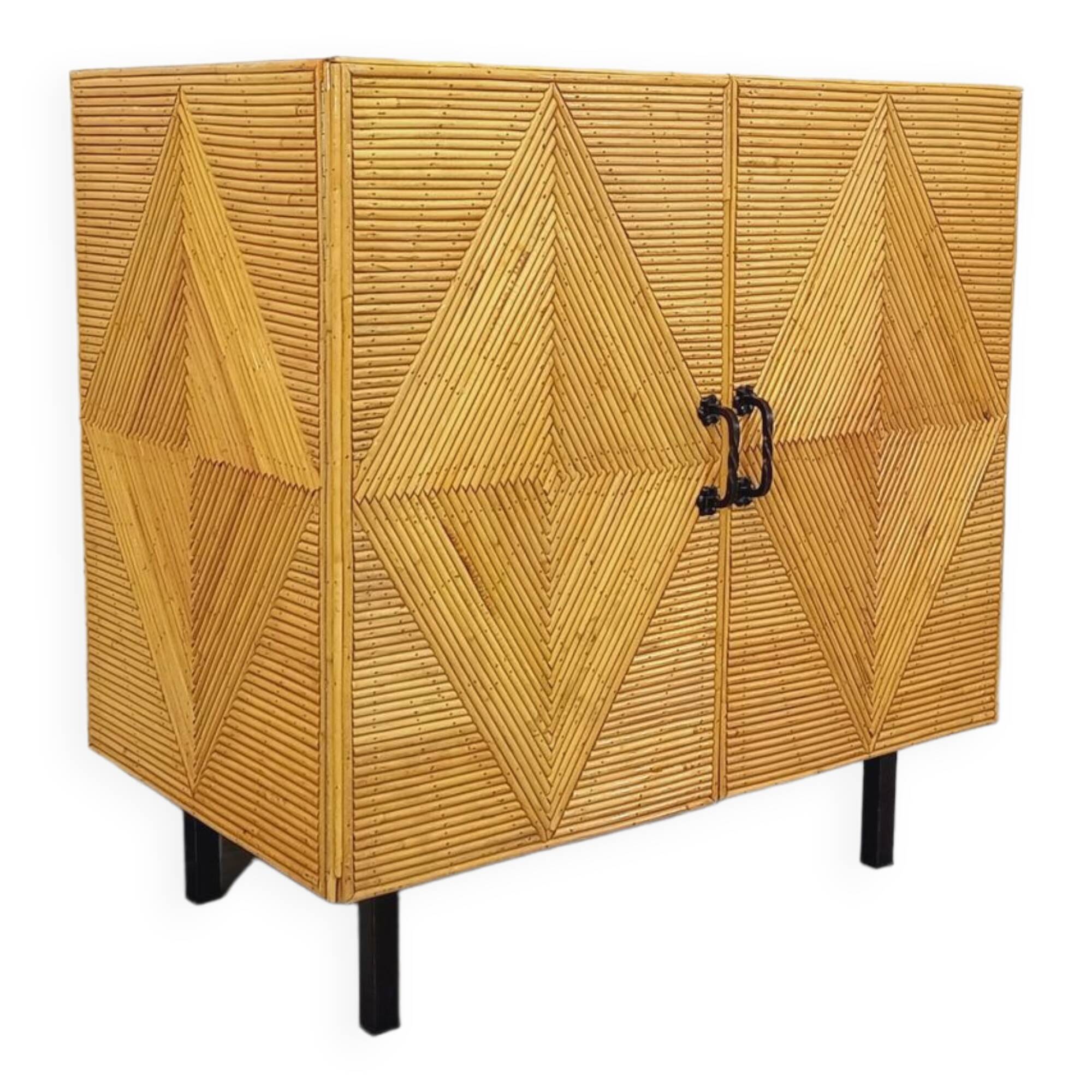 Vintage rattan, wood and metal storage cabinet from the 60s