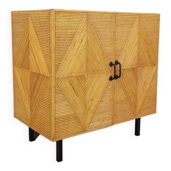 Vintage rattan, wood and metal storage cabinet from the 60s
