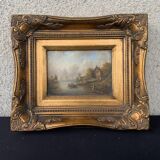 Old painting River landscape with village scene signed