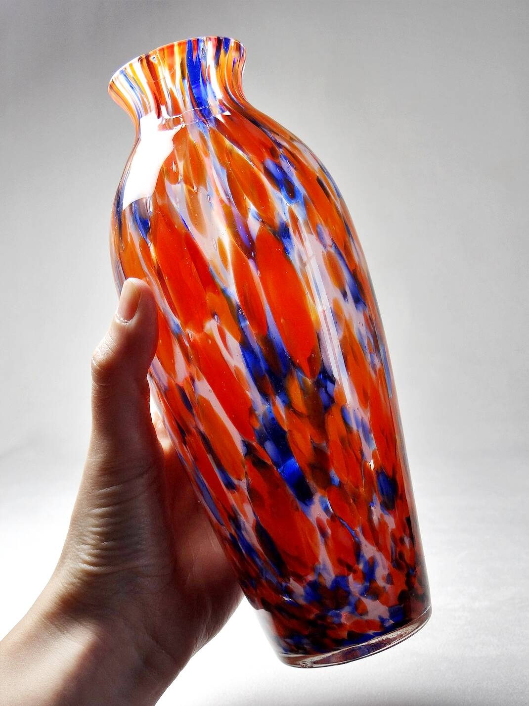 Small antique art deco cobalt orange speckled glass paste vase