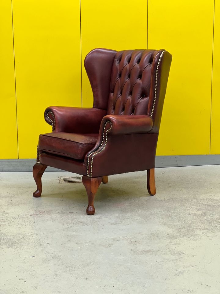 Burgundy leather vintage chesterfield wing chair
