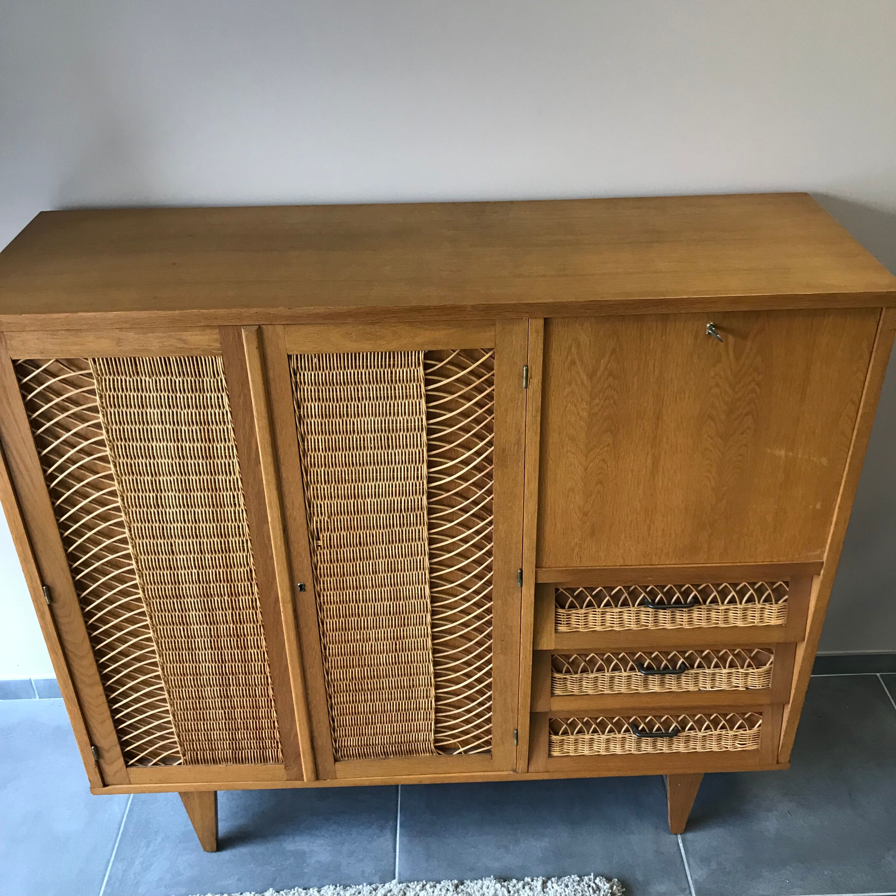 Furniture with wooden secretary and rattan