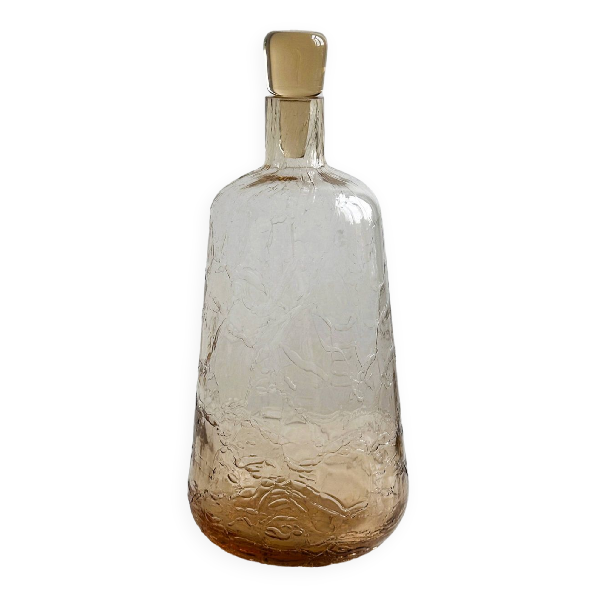 Translucent pinkish iridescent cracked glass bottle.