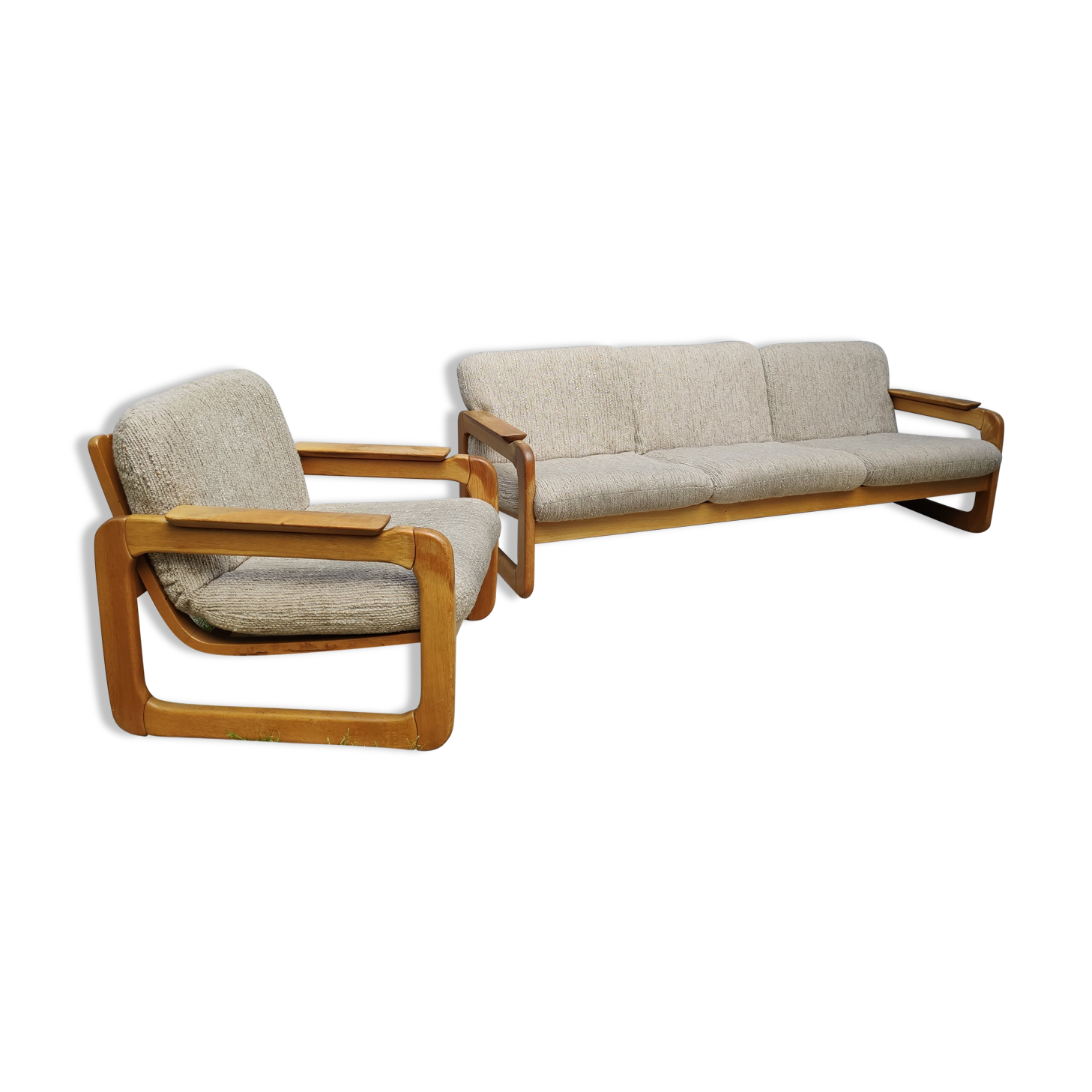 Set of 3-seater sofa + sled chair, 60/70's in oak