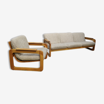 Set of 3-seater sofa + sled chair, 60/70's in oak