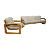 Set of 3-seater sofa + sled chair, 60/70's in oak
