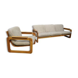 Set of 3-seater sofa + sled chair, 60/70's in oak