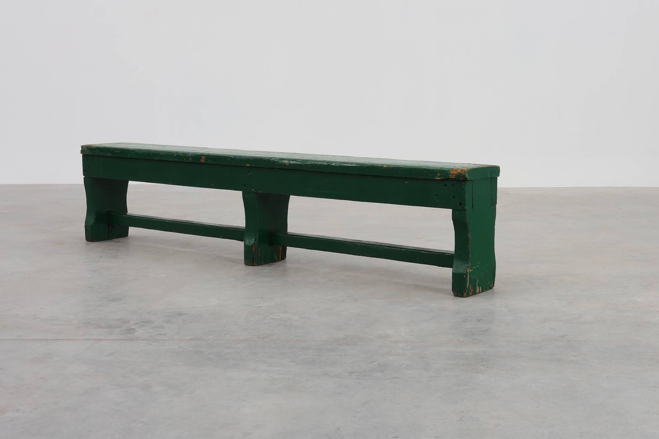 Rustic primitive green farmhouse bench in solid oak, France ca. 1900