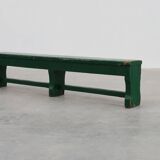 Rustic primitive green farmhouse bench in solid oak, France ca. 1900