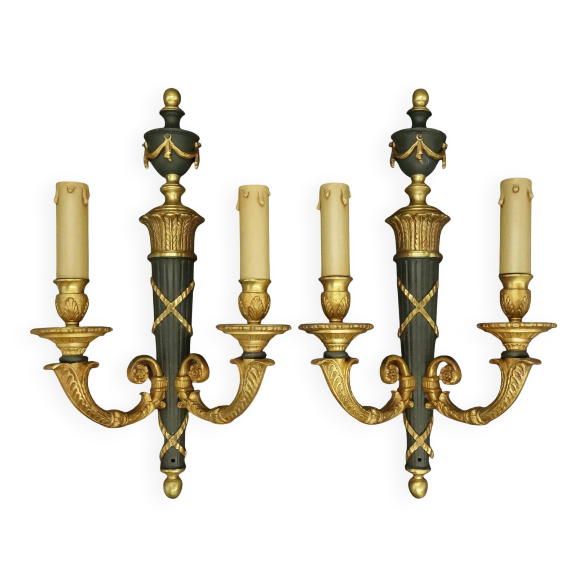 Pair of large wall sconces in quiver style Empire - bronze / green patina