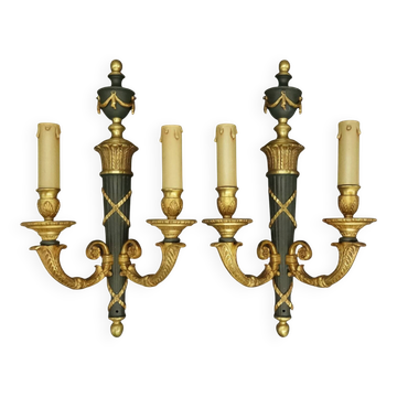 Pair of large wall sconces in quiver style Empire - bronze / green patina