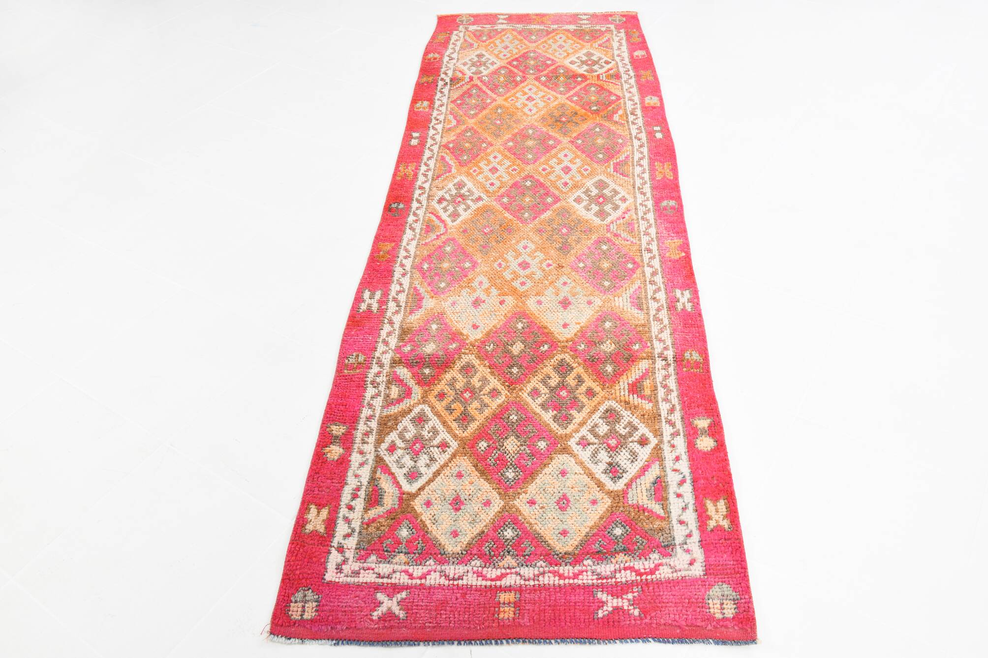 Red & Brown Geometric Vintage Runner Rug, 93x290Cm