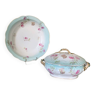 Soupière en Porcelaine + Plat de Service - Monogrammes - Service fin XIXe Siècle