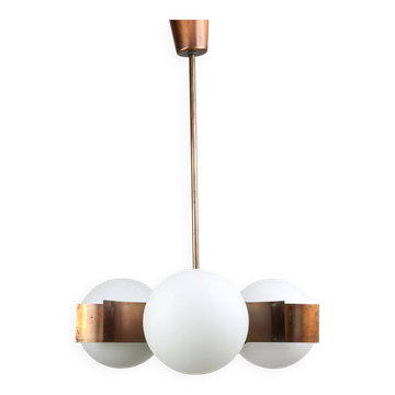 Chandelier vintage en cuivre italien et en verre opalin