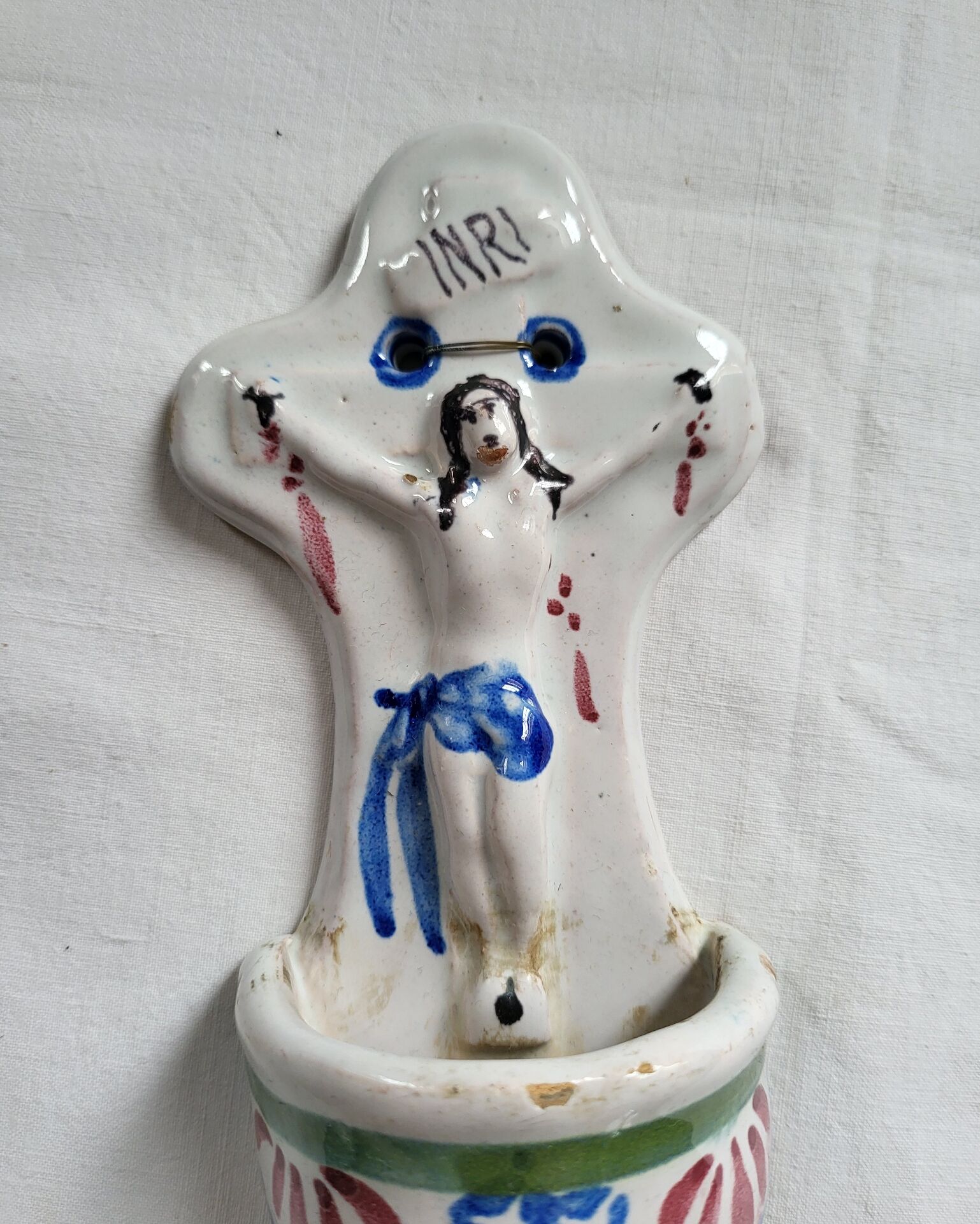 Ancient Faience Baptismal Font Enamelled Cross INRI