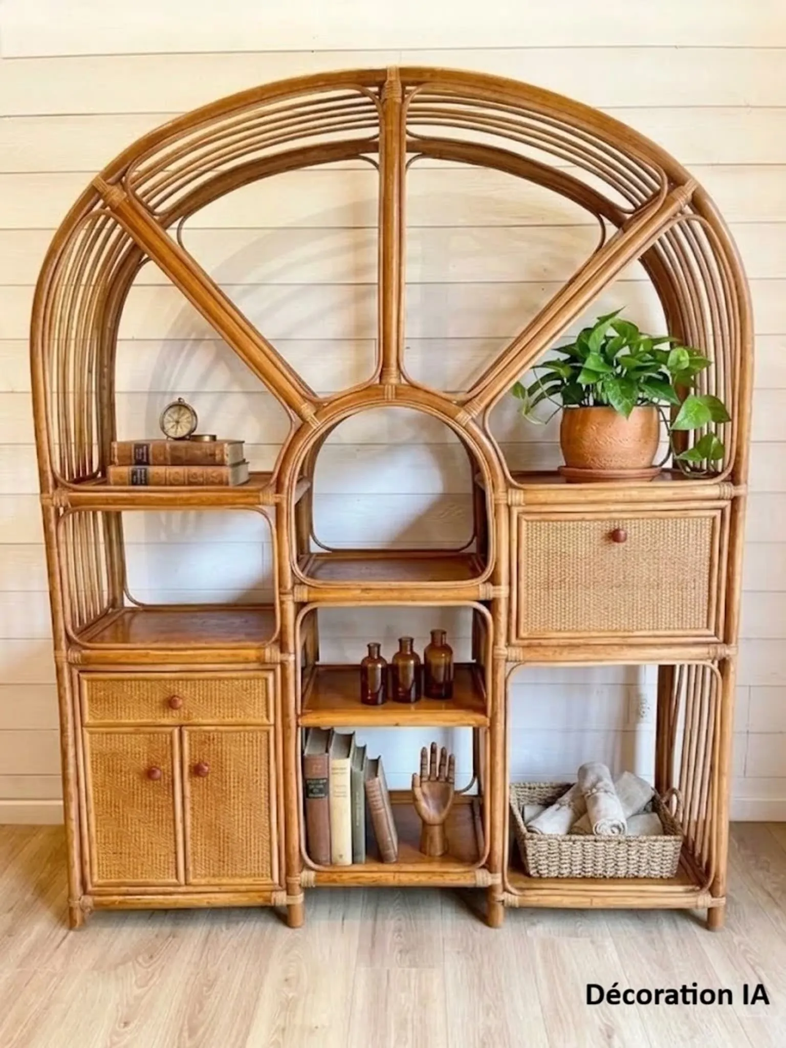 Large arch bookshelf "Pacific Rattan" sun cane bohemian chic