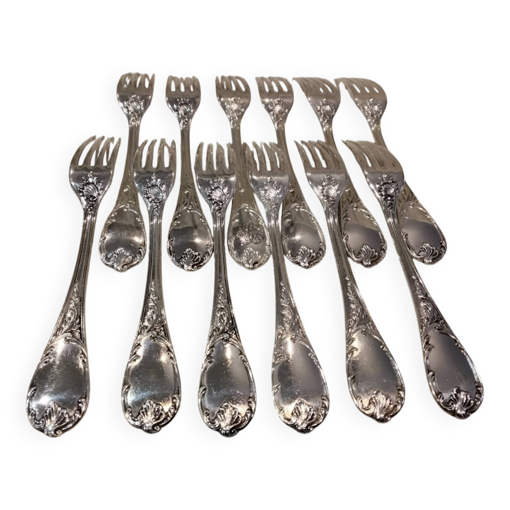12 silver-plated dessert forks by Christofle Marly, 18.8cm