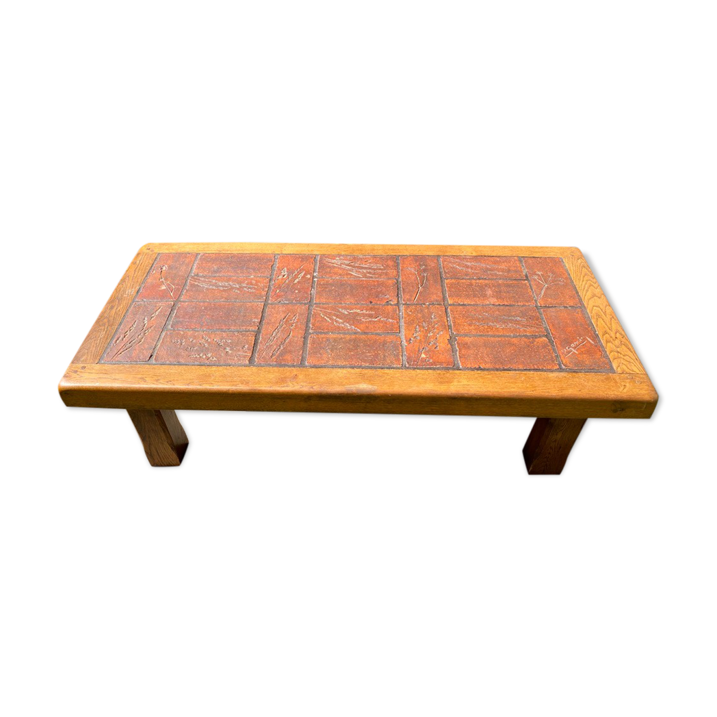 Coffee table herbarium solid oak and ceramic 1950