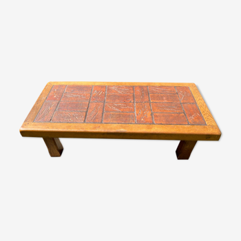 Coffee table herbarium solid oak and ceramic 1950