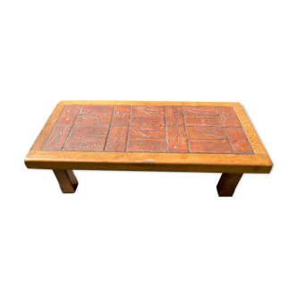 Coffee table herbarium solid oak and ceramic 1950