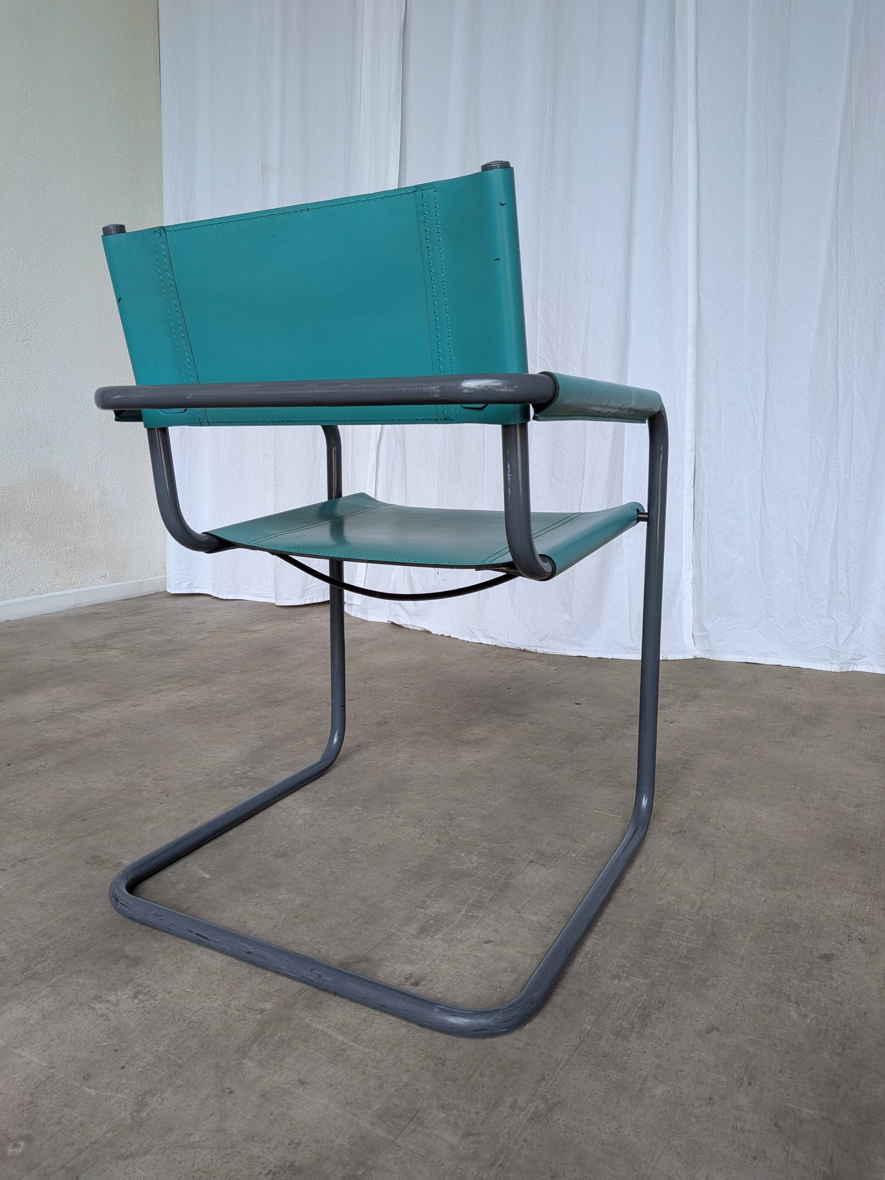 Vintage Mart Stam Style Armchair: Turquoise Leather, Black Chrome Cantileve