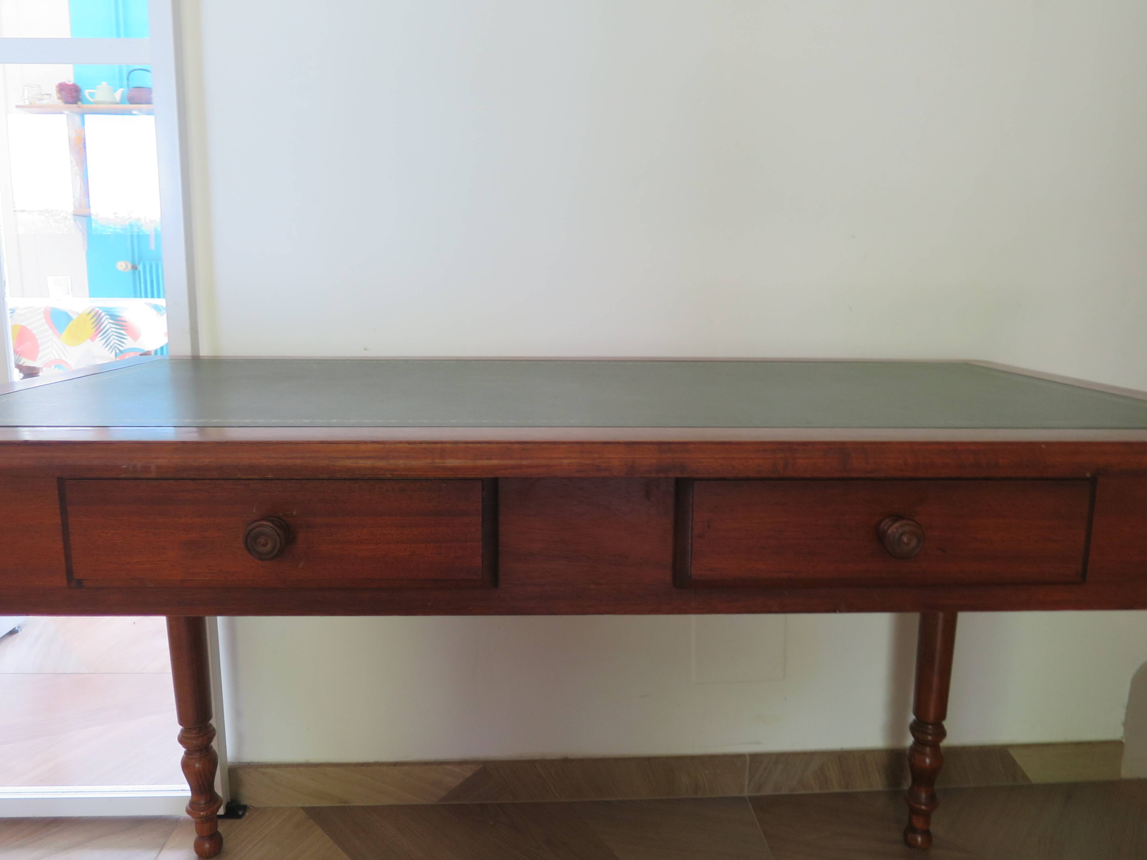 Minister's desk in Louis Philippe style – 2 drawers – cherry wood – green writing pad