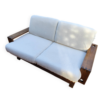 Canapé brutaliste vintage tissu bouclette écru 2/3 places 1970