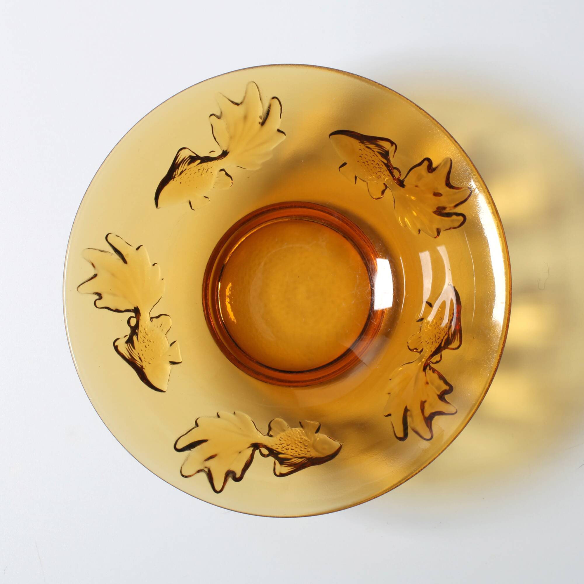 Vintage Amber Glass Bowl with Embossed Fish Pattern / Czech Repulic / 1980s