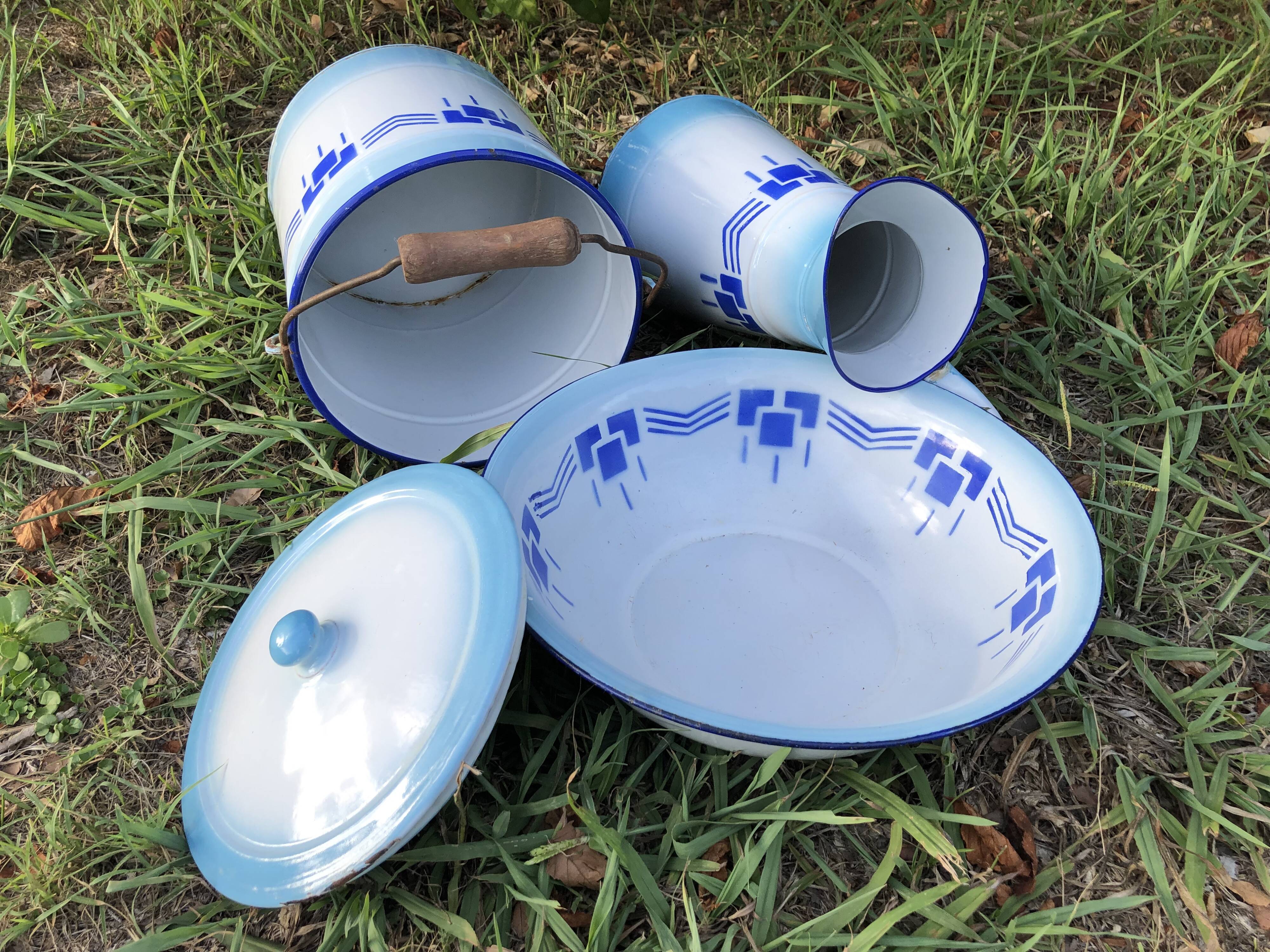 Enamelled jug, bowl and bucket