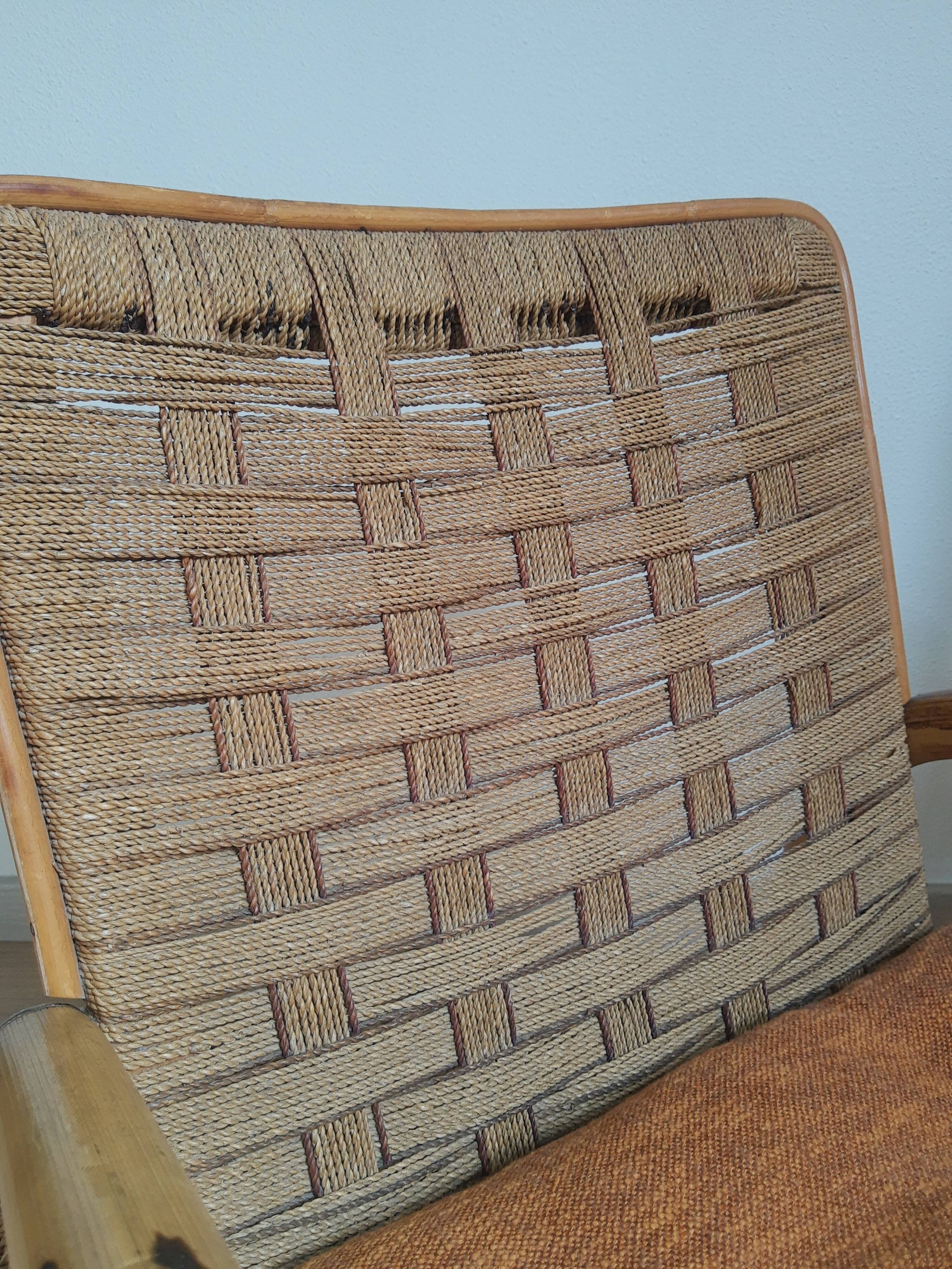 Vintage rattan and braided rope armchair