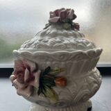 Capodimonte-style porcelain lidded sugar bowl with floral relief