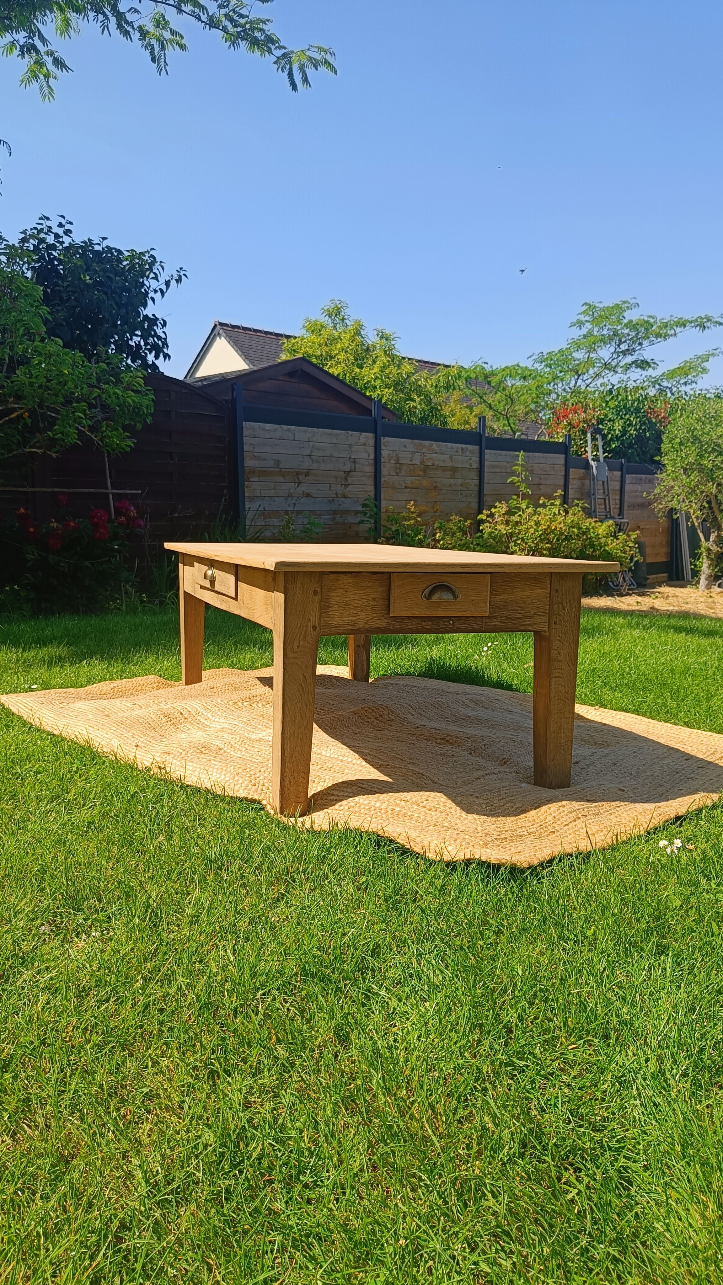 Large restored antique coffee table in solid oak.