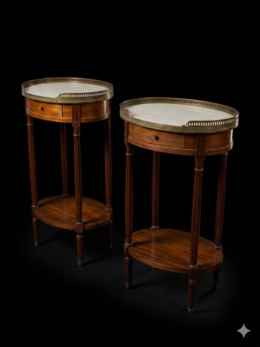 Pair of Louis XVI style bedside tables in mahogany, with marble tops.
