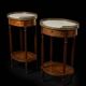 Pair of Louis XVI style bedside tables in mahogany, with marble tops.