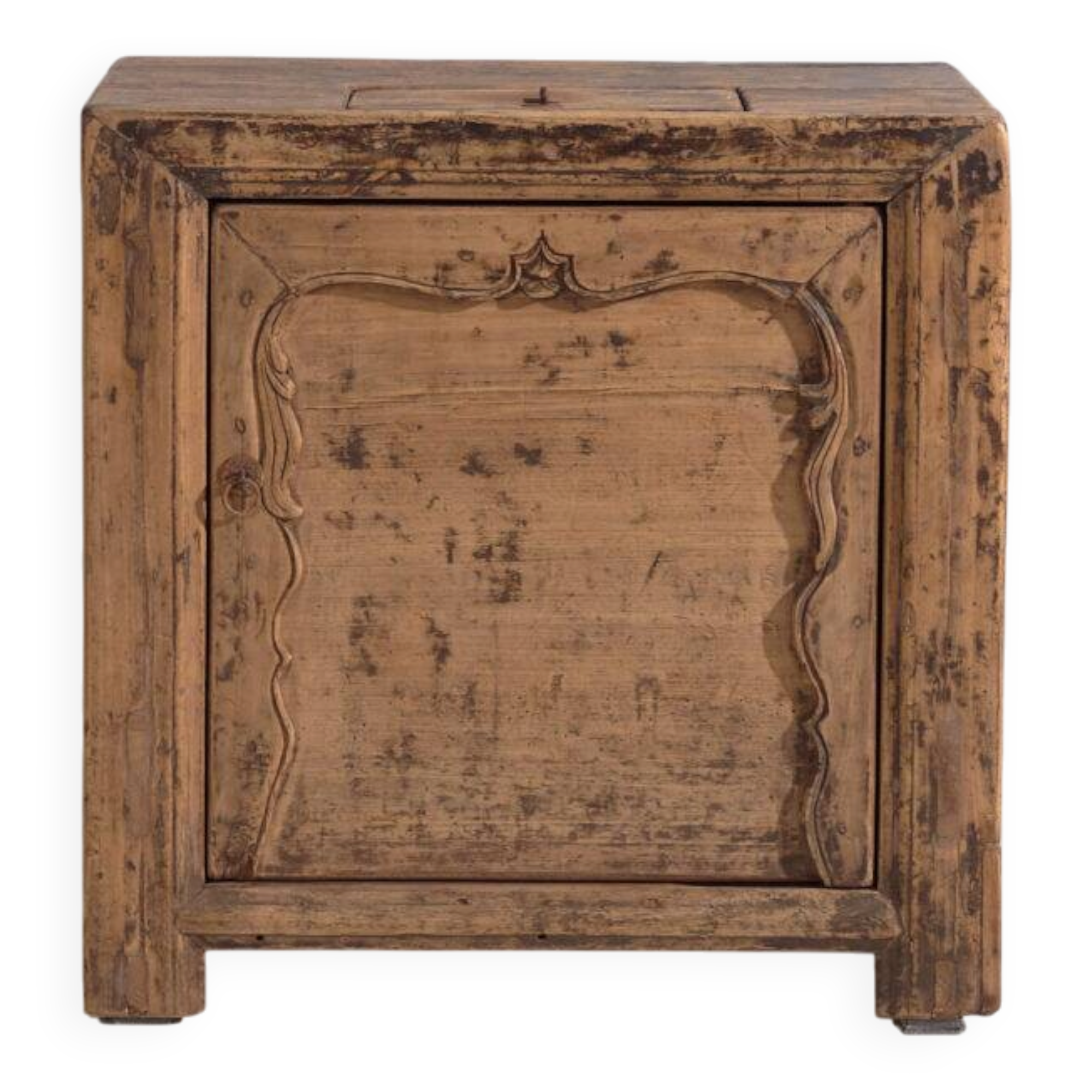 Low Shanxi cabinet in elm with carved door – China, circa 1930