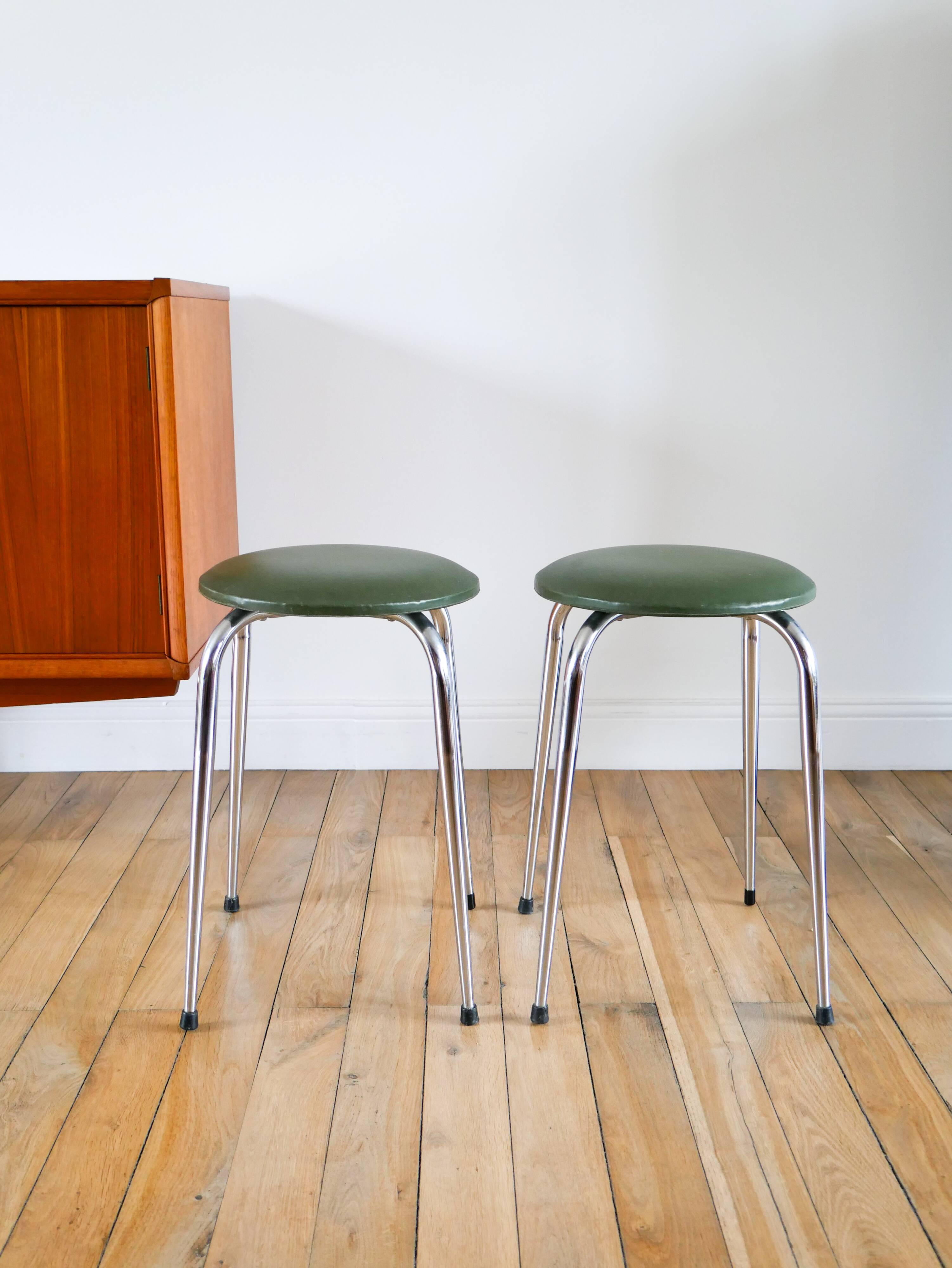 Pair of stools in chrome and bottle green skai, Made in France, Registered Model, 1970