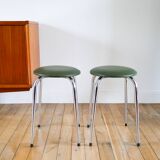 Pair of stools in chrome and bottle green skai, Made in France, Registered Model, 1970