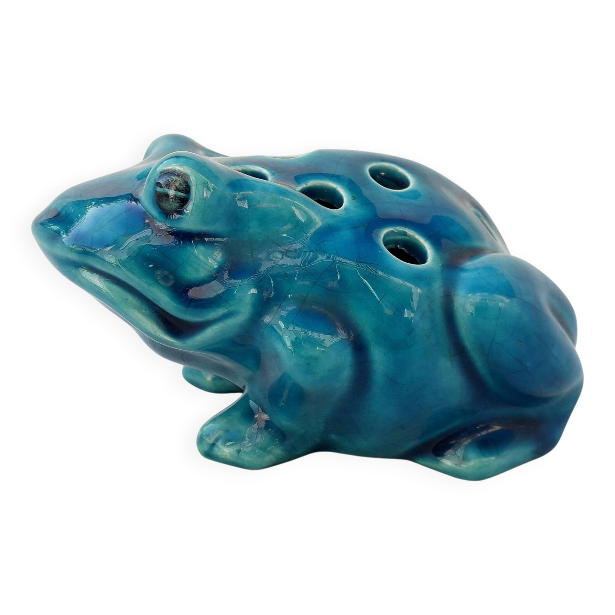 Blue ceramic frog flower frog