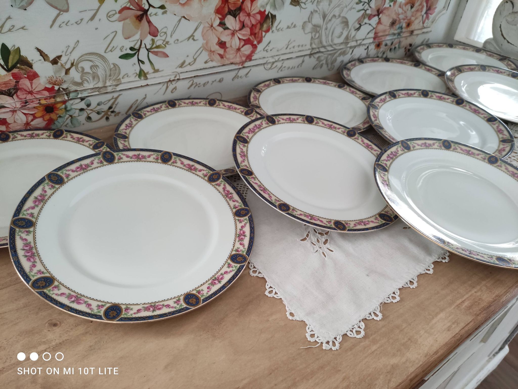 Set of 10 flat plates in Limoges porcelain stamp RN frieze blue old pinks