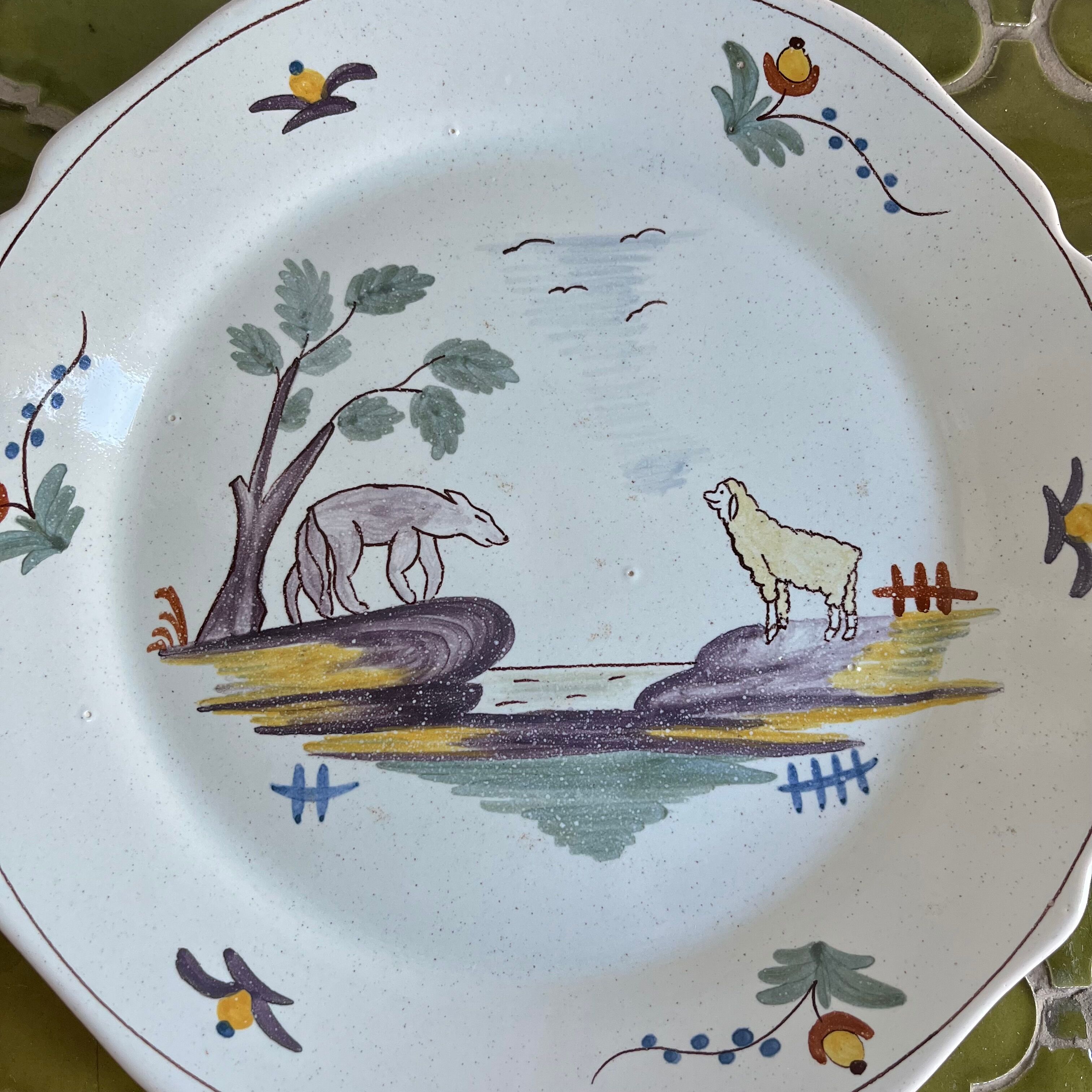 Decorative ceramic plate with "The Wolf and the Lamb" design