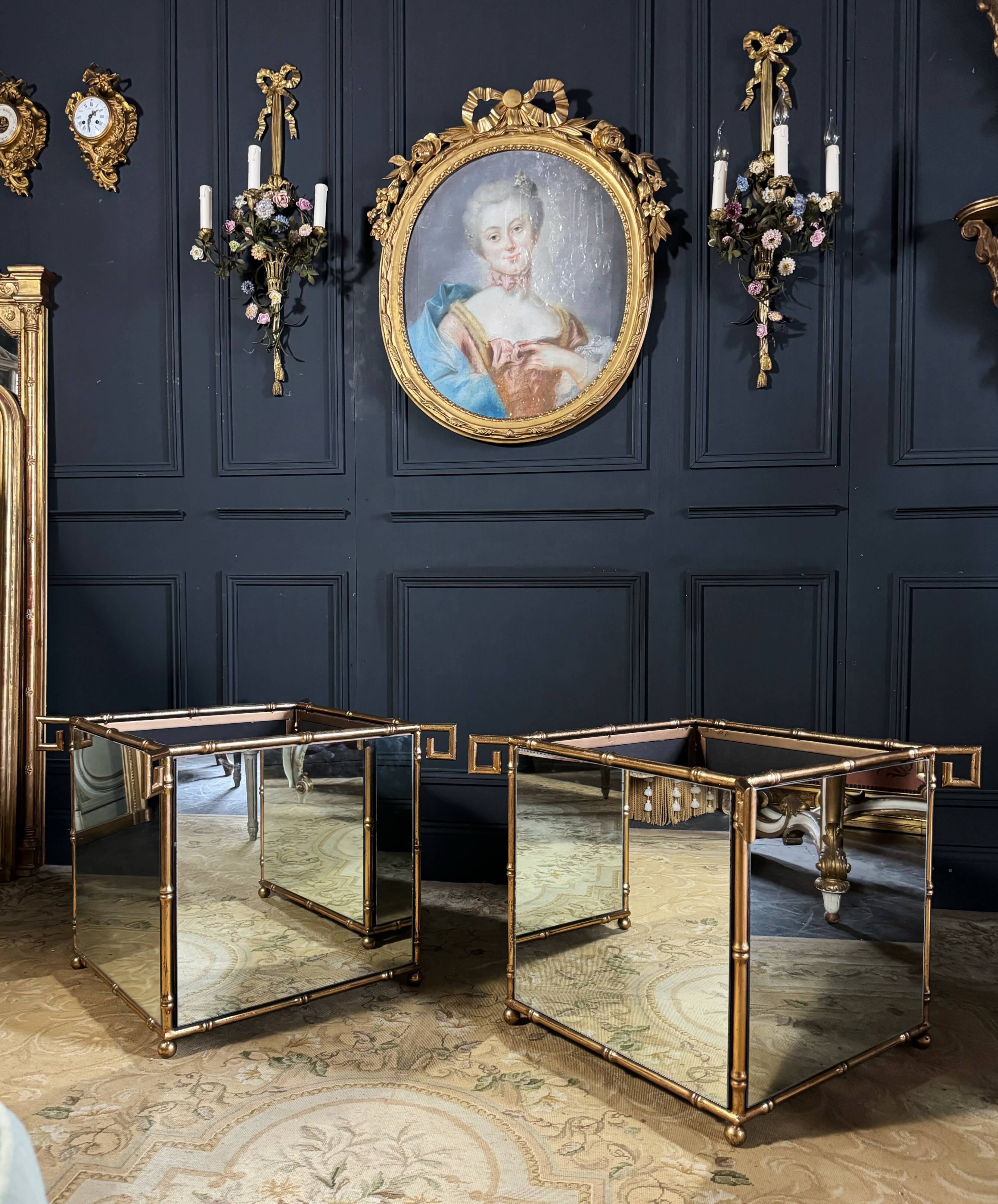 Pair of "bamboo" model planters in gold metal and glass from the 70s