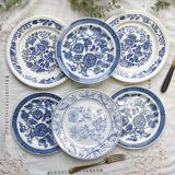 6 Vintage White Porcelain Plates with Gold Trim + 6 Small Mismatched Blue Jacobean Plates