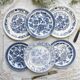 6 Vintage White Porcelain Plates with Gold Trim + 6 Small Mismatched Blue Jacobean Plates