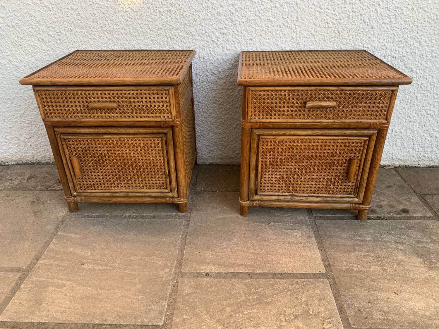 Pair of rattan bedside tables