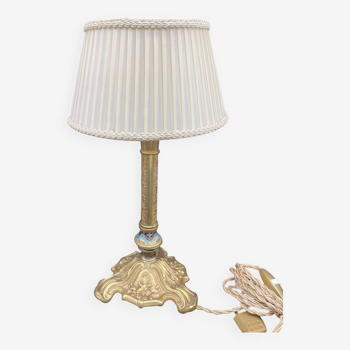 Lamp, bronze, candle holder, gold, cloisonné enamel, ecru white lampshade, flower decor, leaf