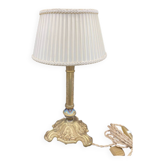 Lamp, bronze, candle holder, gold, cloisonné enamel, ecru white lampshade, flower decor, leaf