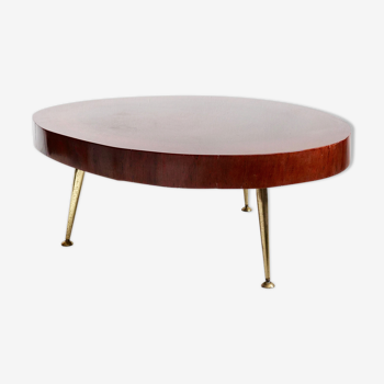 Table basse tripode brutaliste des années 60 design italien tranche de tronc en bois d' afzelia.