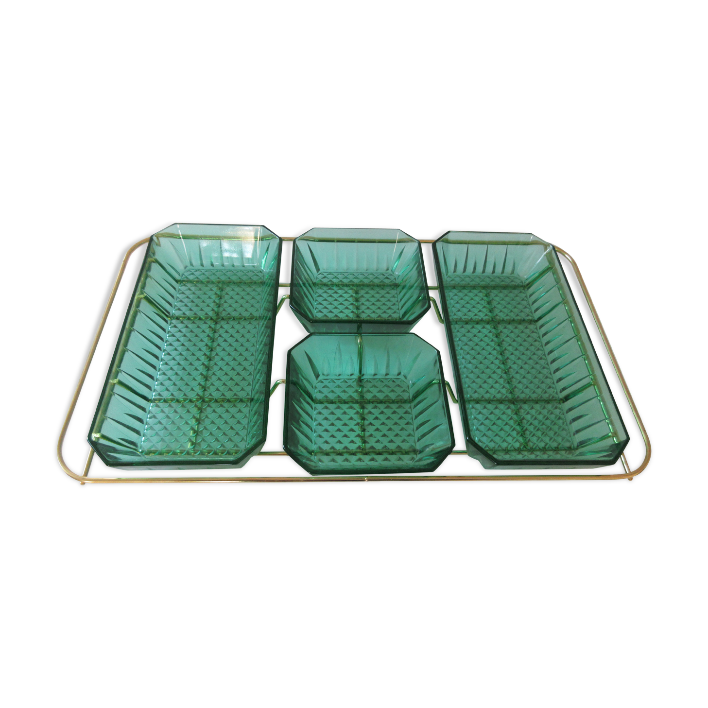Golden vintage aperitif tray with green ramekins Arcoroc-France